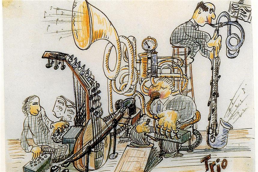 Ein Komponist, der auch zeichnen konnte „Trio“ heißt diese Tinte- und Bleistift-Musikerzeichnung, die seit Sonntag in der Ausstellung „Paul Hindemith – Einblicke in das zeichnerische Werk“ im Kunstmuseum Gelsenkirchen zu sehen ist. Foto: Fondation Hindemith, Blonay