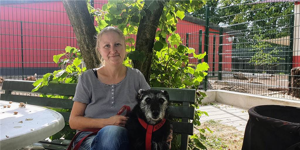Steigende Tierarztkosten: Marina Hinz erklärt die Folgen fürs Tierheim in Dorsten Marina Hinz sitzt auf einer grünen Holzbank und hält einen Hund an der Leine