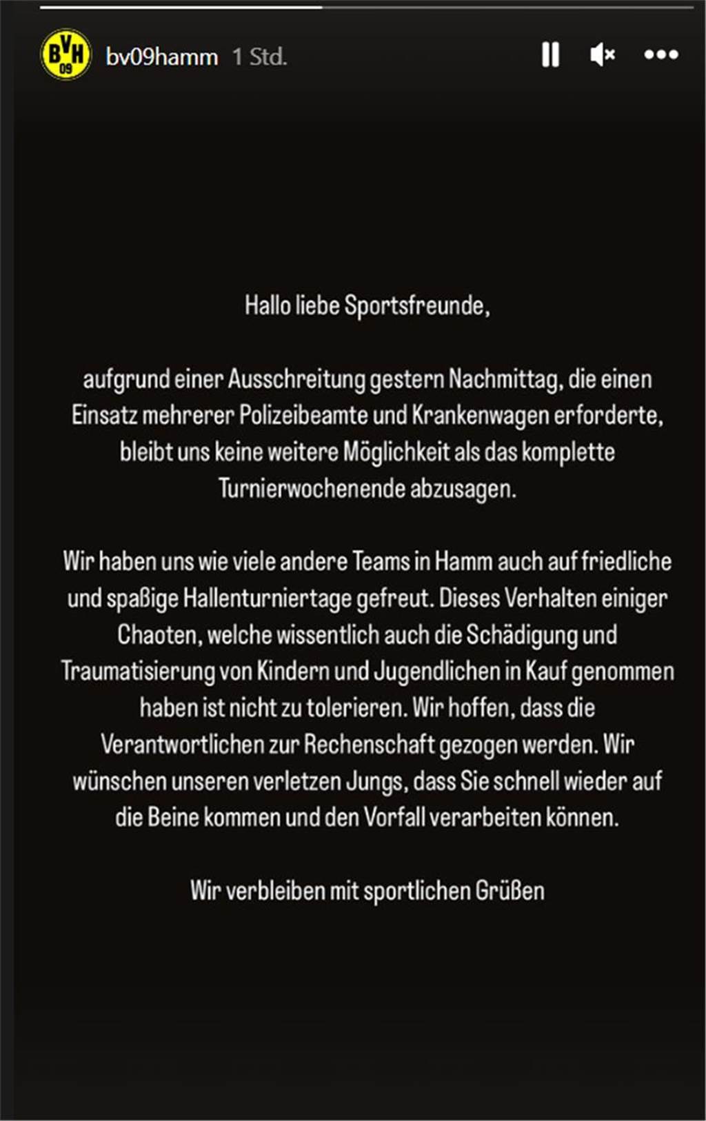 Schreckschusspistolen-Einsatz und mehrere Verletzte in Hamm: Amateurfußballturnier abgebrochen Der BV 09 Hamm hat ein Statement auf Instagram veröffentlicht.