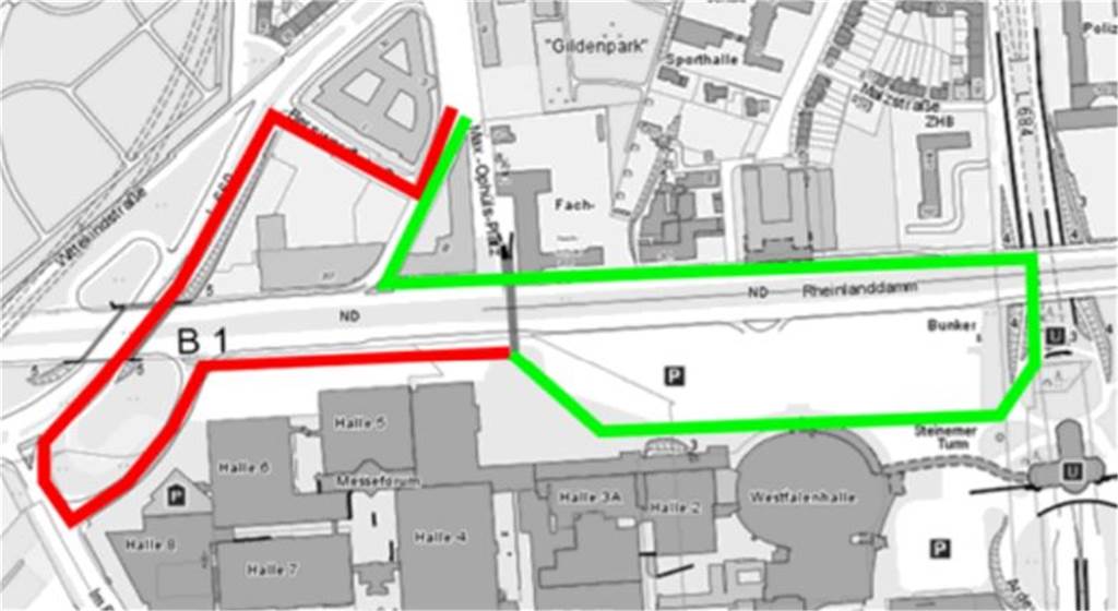 Brücken-Neubau über die B1: BVB-Fans müssen längere Zeit Umwege laufen Über die rot und grün markierten Wege soll der Rad- und Fußverkehr während des Brückenbaus umgeleitet werden.