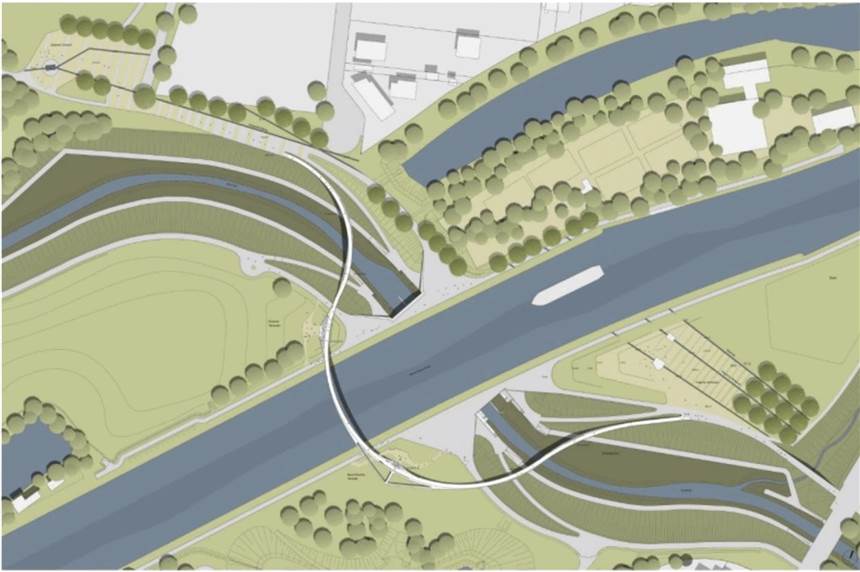 Pläne zu Emscherland 2020 lassen Wasserkreuz lebendig werden Über Emscher und Kanal windet sich die neue Brücke, ergänzt von einem Landschaftspark. So soll es ab 2020 am Wasserkreuz aussehen.