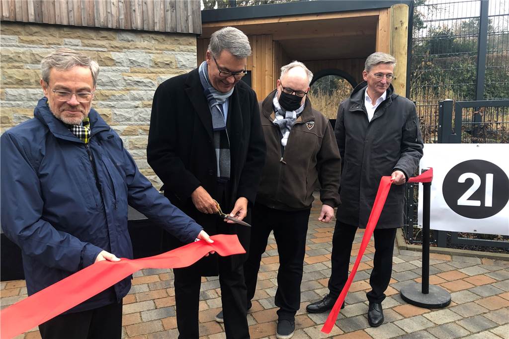 Dortmunder Zoo hat nach vier Jahren wieder Löwen Übergaben offiziell das sanierte Löwenhaus: (v.l.) Hubert Jung, Vorstand des Hauptsponsors DSW21, OB Thomas Westphal, Zoodirektor Dr. Frank Brandstätter und DSW-Vorstand Jörg Jacoby.