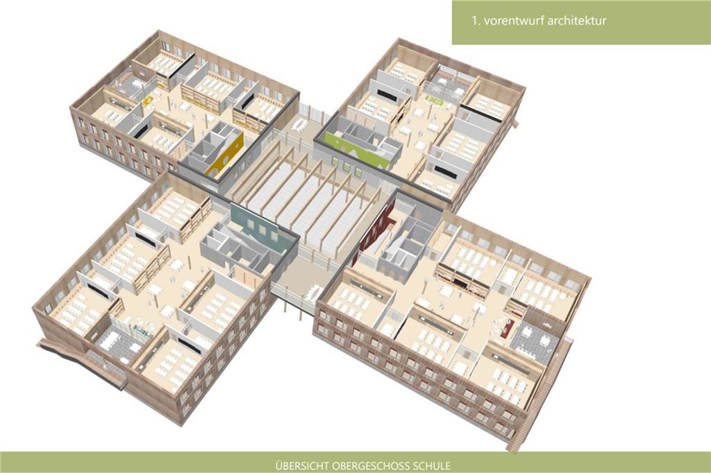 Planung für zentralen Grundschulstandort in Schermbeck wird konkreter Übersicht des Obergeschosses der Lehrhäuser und der Halle