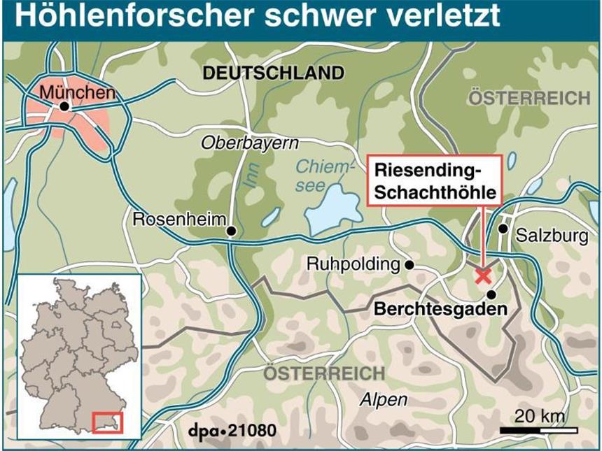 Transport von verletztem Höhlenforscher gut gestartet Übersichtskarte zur Lage der Riesending-Schachthöhle. Foto: A. Brühl