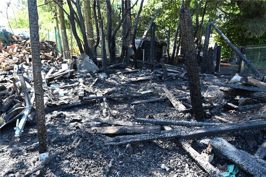 Schuppen, Bootsanhänger und Bienenstöcke werden Opfer der Flammen Ulrich Hölker vermutet Brandstiftung.