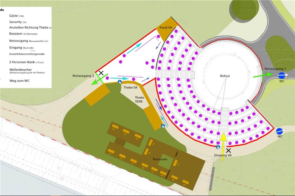 Bürgerpark in Dorsten: Terrassenbar öffnet, Kulturprogramm läuft an Um das Amphitheater wird bei Veranstaltungen ein Zaun gezogen, 100 Sitzplätze werden ausgewiesen.