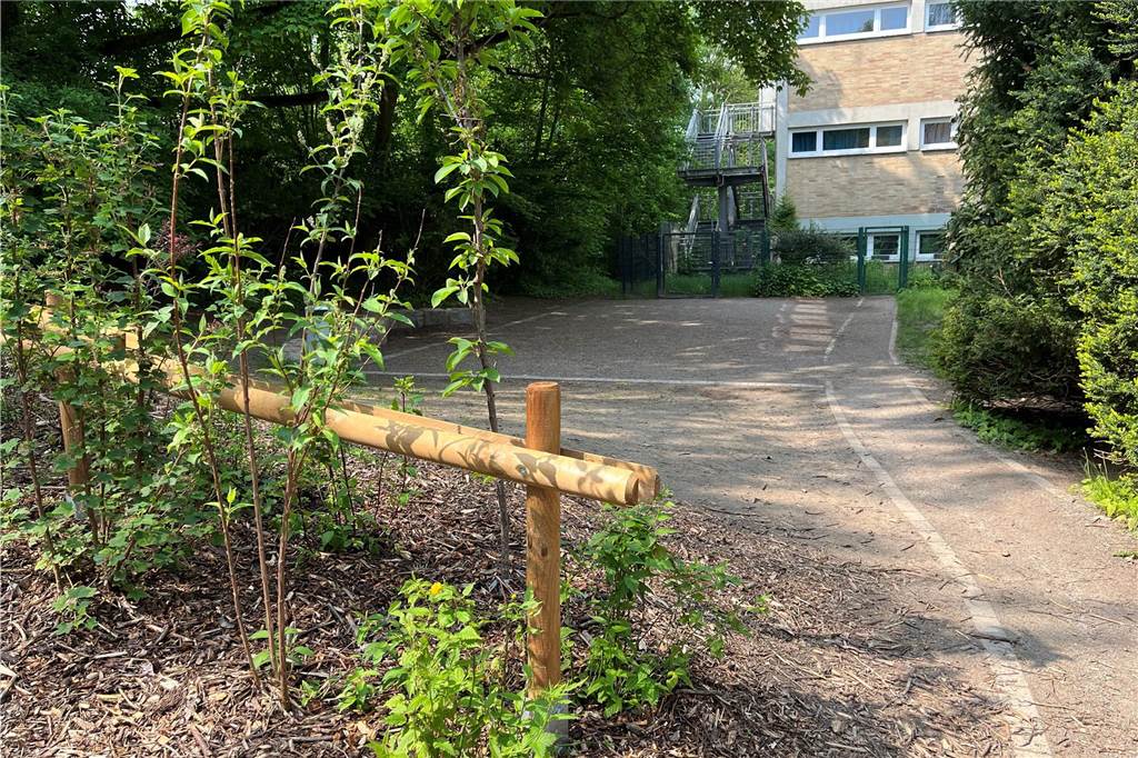 Um den Matsch fernzuhalten, ist dieser Schulhofteil mit Dolosand ausgestreut worden. Der Förderverein hat zudem eine Hecke anpflanzen lassen (im Vordergrund).