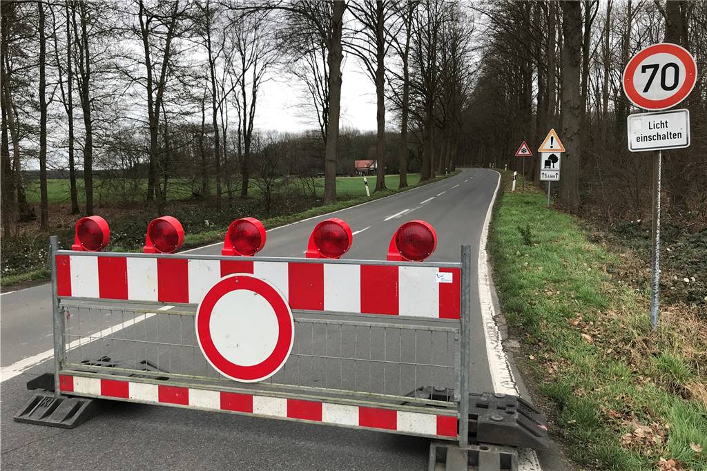 Der Orkan in Haltern am See - So ist die Lage am Montag nach der Sturmnacht Um kurz nach 14 Uhr wurden die Straßen wir angekündigt gesperrt - hier die Einfahrt von der Weseler Straße auf die Granatstraße.