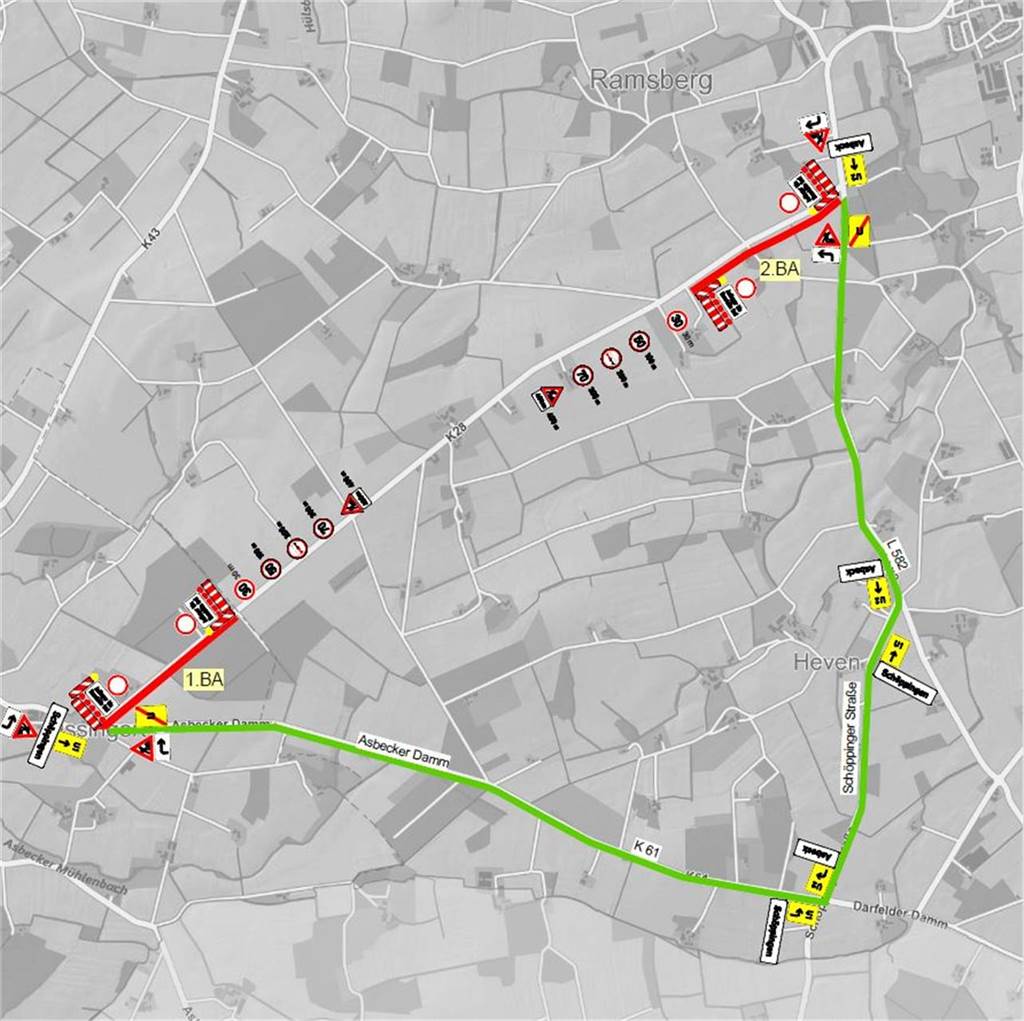 Kreisstraße 28 wird saniert: Drei Wochen Straße voll gesperrt Umleitungsplan für die Sanierung der Kreisstraße K 28 zwischen Legden-Asbeck und Schöppingen.