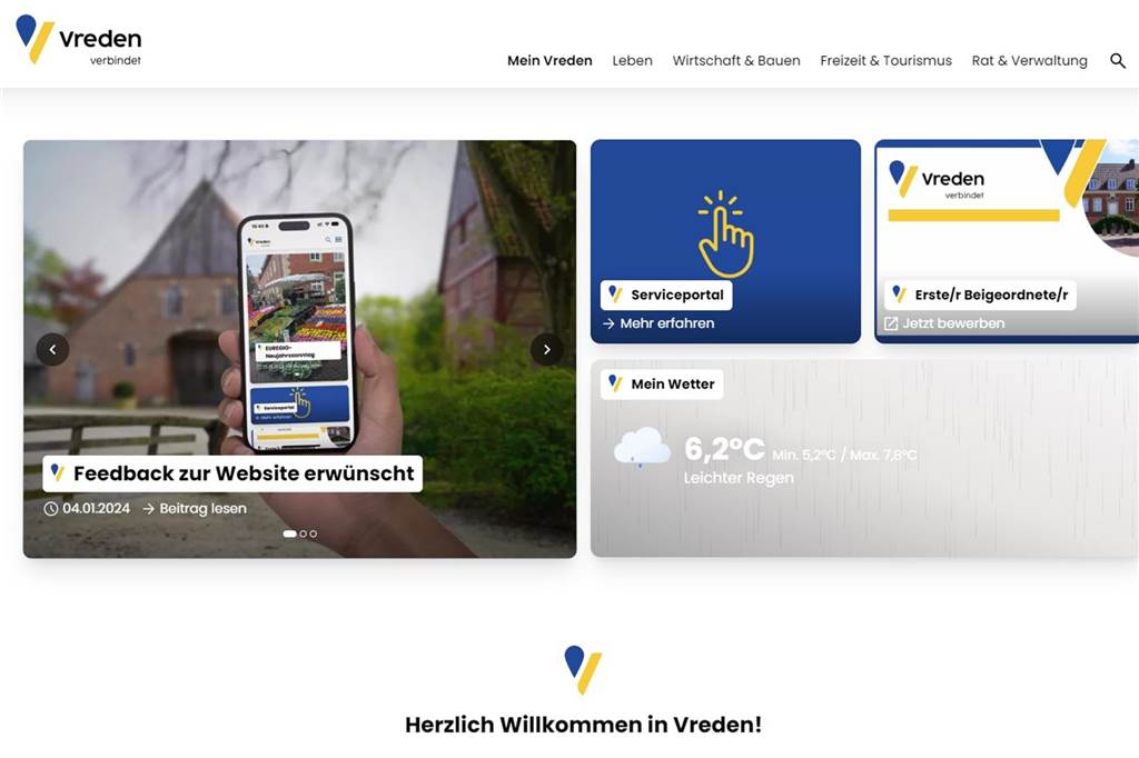 Neue Internetseite der Stadt Vreden: Was neu ist und wie sie funktioniert Und so die Startseite der neuen Homepage.