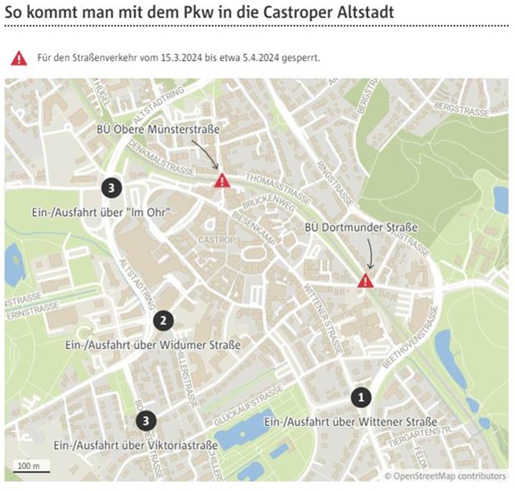 dddd Unsere Karte zeigt die Möglichkeiten, in die Castroper Altstadt zu fahren, wenn zwei Bahnübergänge gesperrt sind.