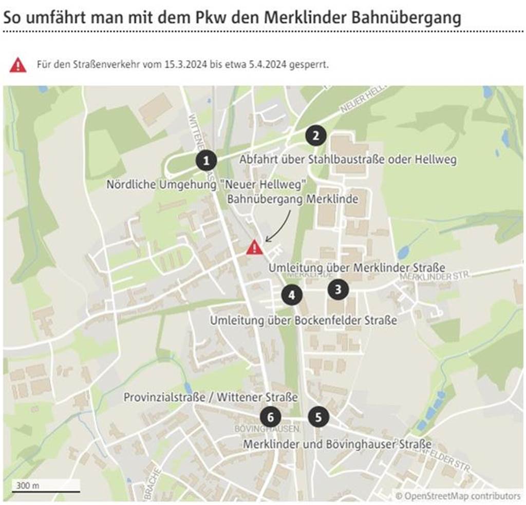 Altstadt-Bahnübergänge gesperrt: So können Sie sie am besten umfahren Unsere Karte zeigt die Umleitung für den Bahnübergang in Merklinde (Hellweg).