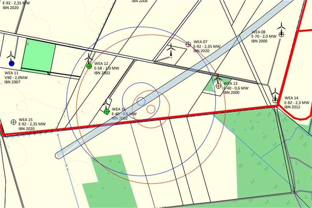 Windpark Gronau: Repowering lässt sogar Heeks Kassen klingen Unterhalb des roten Striches fängt das Heeker Gemeindegebiet an. Grau ist die Amprion-Trasse dargestellt.