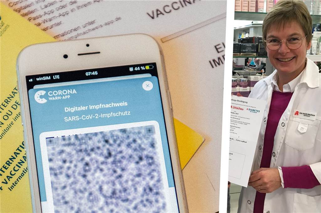 Neuer Corona-Impfstoff: Apotheken können digitalen Impfnachweis aktuell nicht ausstellen Eine Montage aus einem Bild von einem Handy mit digitalem Impfnachweis und der Apothekerin Ute Hecht-Neuhaus.