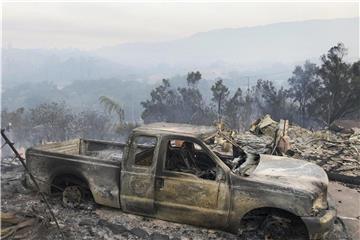 Verbranntes Auto nahe der Fairview Avenue bei Santa Barbara. Hier hatte ein Buschfeuer am Freitag Hunderte Anwohner in die Flucht geschlagen. Foto: Mike Eliason