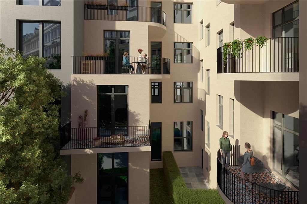 Nach jahrelangem Leerstand wird kernsaniert: Was mit dem Eckhaus an der Möllerbrücke passiert Versetzte Balkone, ein moderner grauer Anbau: So könnte der Innenhof des Altbaus im Kreuzviertel nach dem Umbau aussehen.