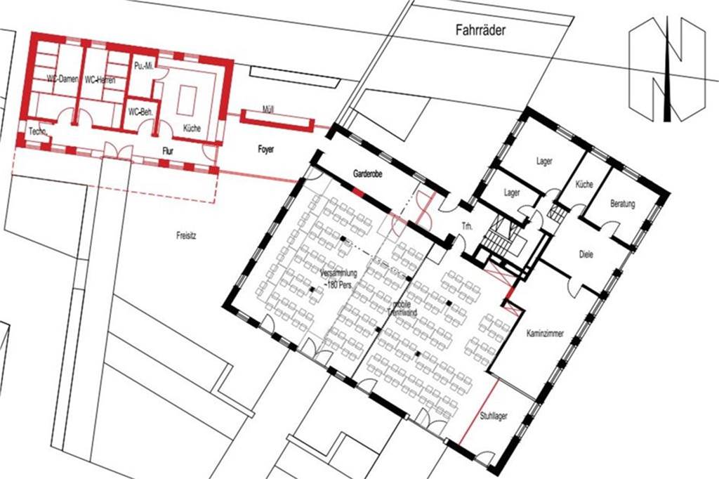 Zankapfel Eppingscher Hof: Viele offene Fragen um das Bürgerhaus Version I: Im Anbau wären eine Küche, die sanitären Anlagen sowie die Technik untergebracht. Im Bürgerhaus könnte dann die Tenne zurückgebaut werden für einen großen Versammlungsraum.