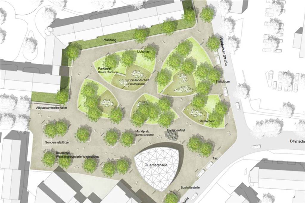 Ärger in Eving: Marktplatz-Umbau lässt noch Jahre auf sich warten Viel Grün, eine Spielelandschaft und eine "Quartiershalle": So soll der Evinger Marktplatz nach dem siegreichen Entwurf des Büros Landschaftsarchitektur aus Solingen einmal aussehen.