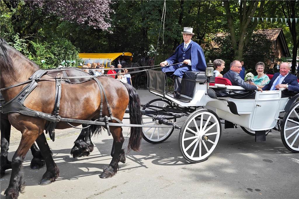 Viele befreundete Vereine aus Alstätte und Umgebung sind zum Jubiläum des Schützenvereins Schmäinghook gekommen. Alleine 15 Kutschen fuhren durch den Ort.