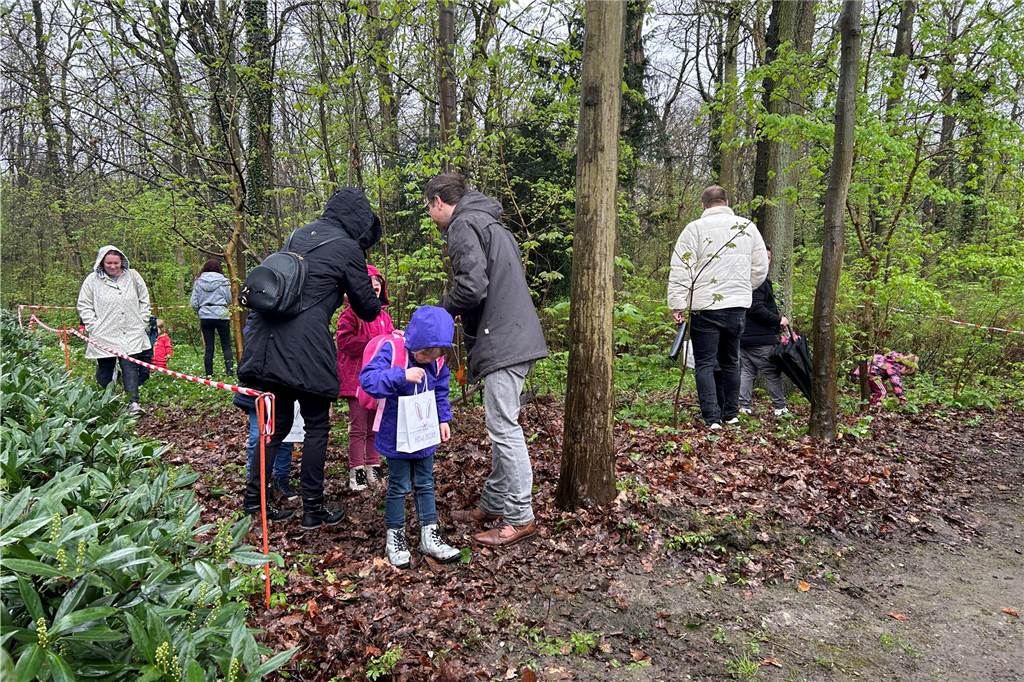Menschen, die Ostereier in einem Park suchen.