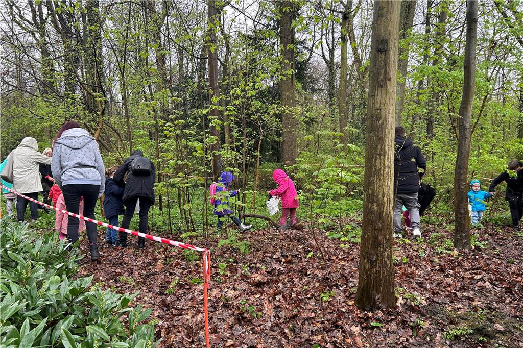 Menschen, die bunte Eier im Wald suchen.