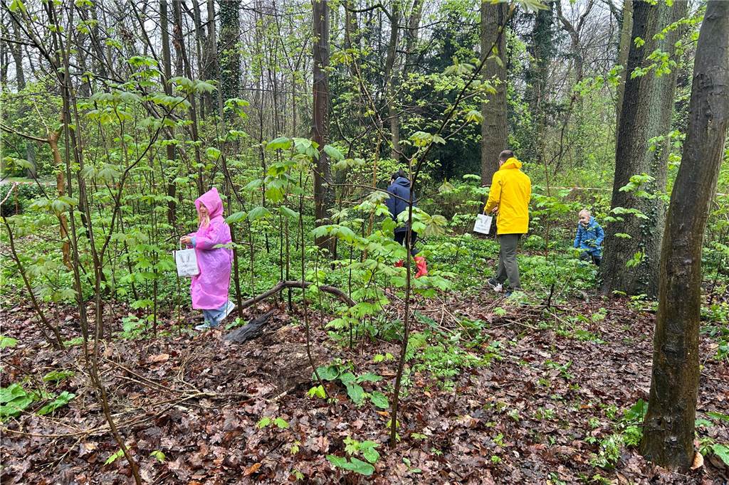 Kinder, die Ostereier im Wald suchen.