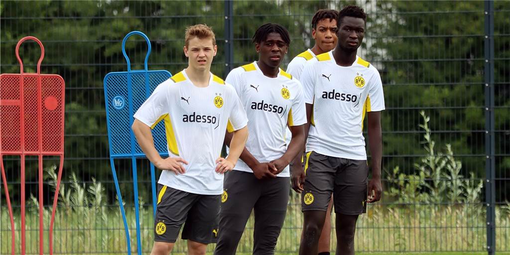Viele neue Gesichter, zwei Probespieler: BVB-U19 ist zurück auf dem Platz Cole Campbell, William Rashidi und Ninte Nater während einer Trainingseinheit.