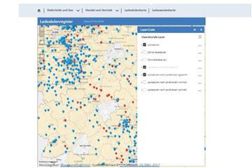 Viele Säulen in Nordrhein-Westfalen, weniger in Rheinland Pfalz. Wer aus dem Ruhrgebiet in die Weinregionen der Pfalz fahren will, muss als Elektroautofahrer seine Reise sorgfältig planen. Screenshot: Bundesnetzagentur.de Foto: Bundesnetzagentur.de