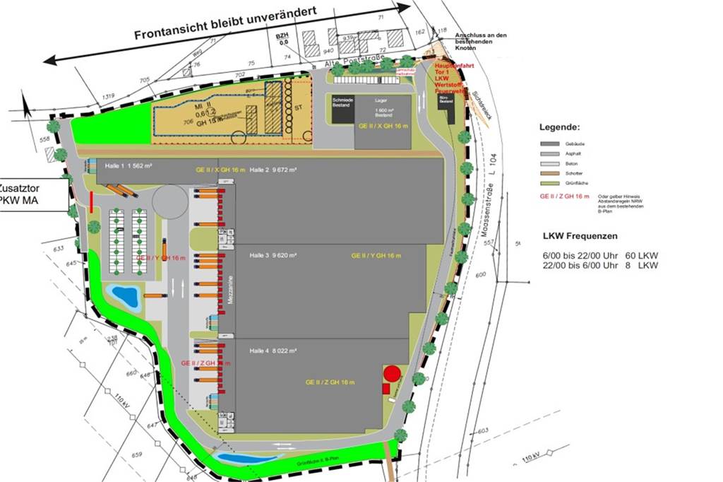Frank Rottbeck hat sich in die alten Gebäude „sofort verliebt“ Vier Hallen mit insgesamt 30.000 Quadratmetern sieht der Plan für das geplante Logistikzentrum an der Maassenstraße vor. Zwischen 6 und 22 Uhr sollen 60 Lkws pro Tag nach Fertigstellung das Gelände ansteuern.