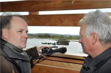 Vom Beobachtungsstand an der gefluteten Röllingswiese nehmen Wolfgang Pitzer (l.) und Michael Müller (r.) den neuen Storchenmast ins Visier, den sie geschützt am anderen Ufer der Wasserfläche als Nisthilfe aufgestellt haben.