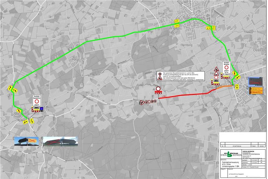 Marienthaler Straße wird in zwei Abschnitten saniert - Sperrungen Von der Kreisgrenze bis Erle wird die Marienthaler Straße (rot markiert) zurzeit saniert. Die empfohlene Umleitungsstrecke (grün) führt über Raesfeld.