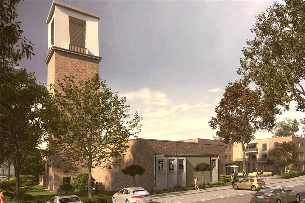 Kirchenabriss in St. Laurentius: Pfarrei baut einen neuen Zukunftsort Eine Ansicht des neuen Gemeindezentrums mit altem Kirchturm.