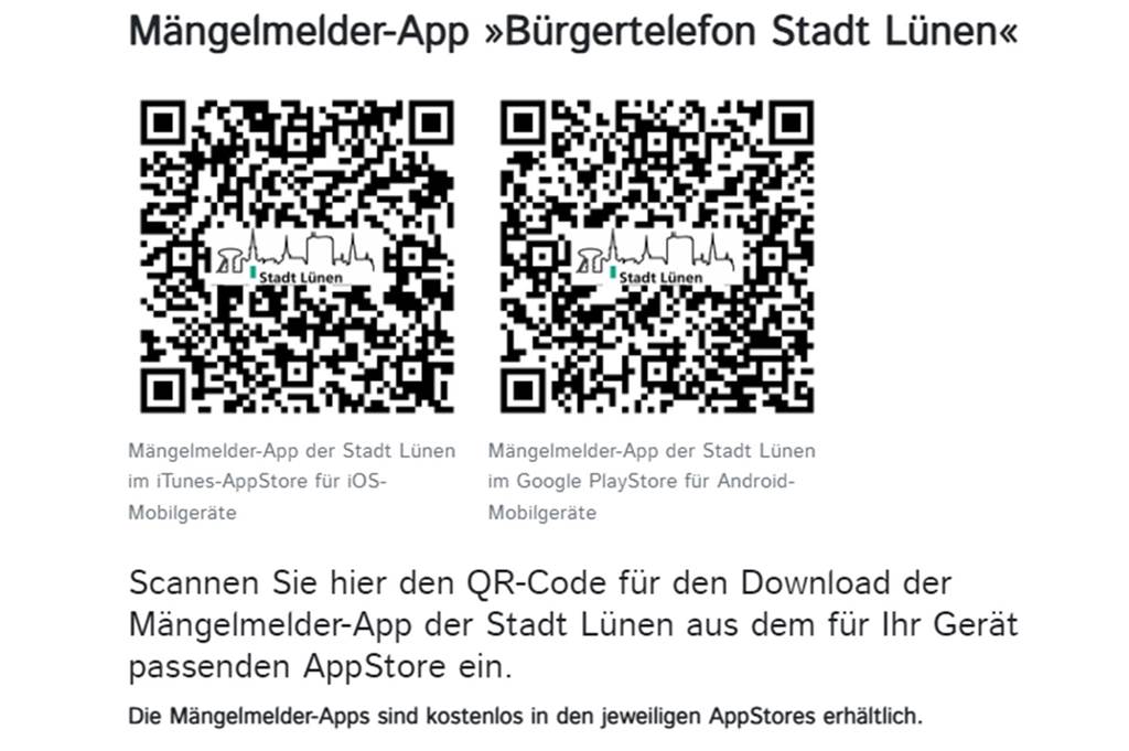 Müll- und Abschlepp-Ärger am Horstmarer See: „Chaoten vermüllen Seepark“ Screenshots von der Seite der Stadt Lünen mit Infos zur Mängelmelder-App.