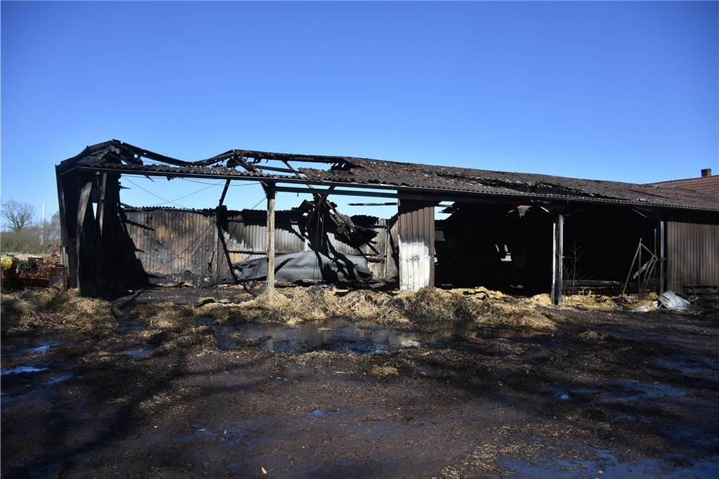 Aufwendiger Atemschutz: Kampf gegen Strohfeuer hält viele Retter auf Trab Von der Strohlagerhalle steht nur noch das ausgebrannte Gerippe. Rund 400.000 Euro Schaden seien entstanden, schätzt die Polizei. Die Feuerwehr konnte verhindern, dass die Flammen auf andere Gebäude übergriffen. Menschen oder Tiere wurden zum Glück nicht verletzt.