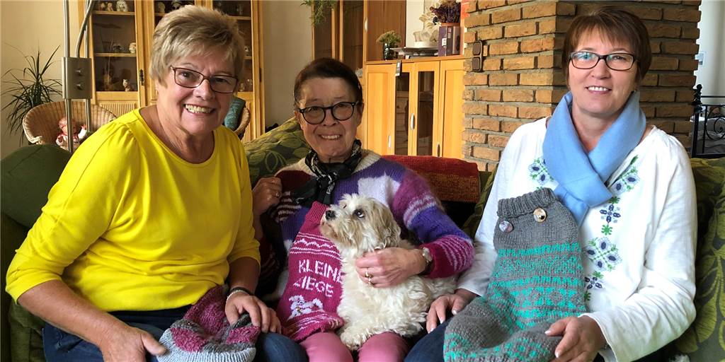 Von Links: Ilse Lindemann, Anita Junghold-Petry und Anja Bartodziej organisieren eine Strickaktion in Bövinghausen für einen guten Zweck. Hündin Evchen ist auch dabei.