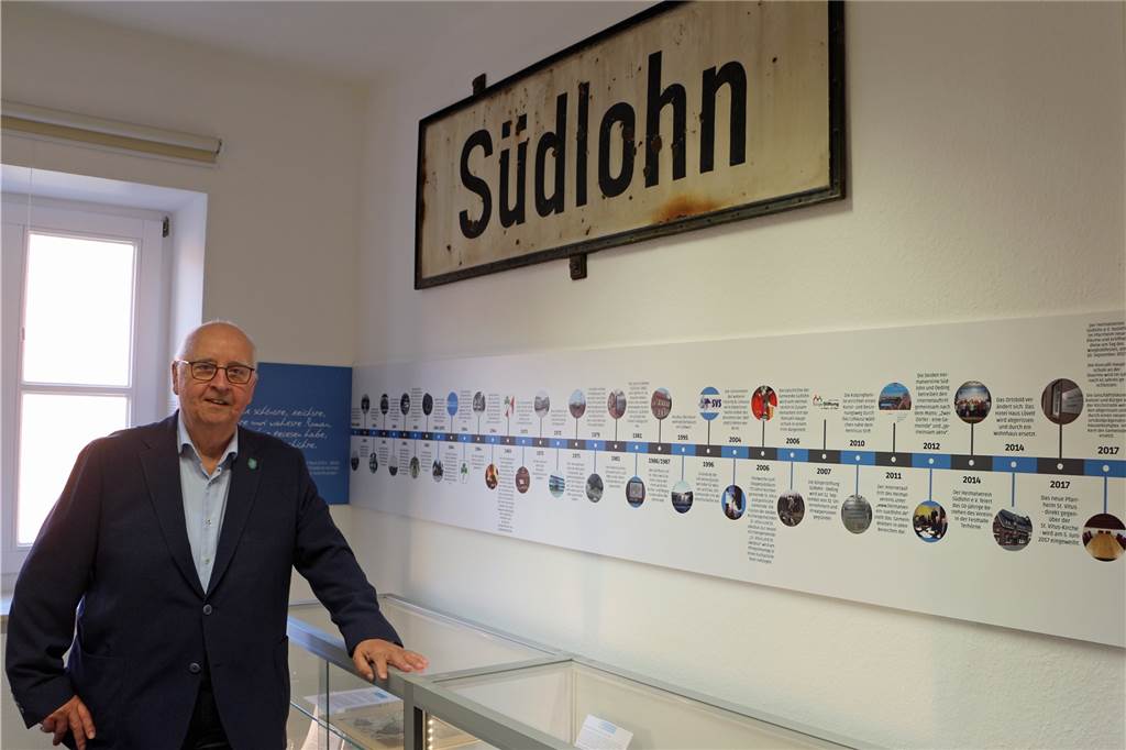 Zeitreise im Heimatraum: SC-Pokal, Königsplaketten und 168 Persönlichkeiten Vor über 40 Jahren prägte dieses Schild den Südlohner Bahnhof. Die wesentliche Ereignisse der Südlohner Geschichte können einem Zeitstrahl entnommen werden.