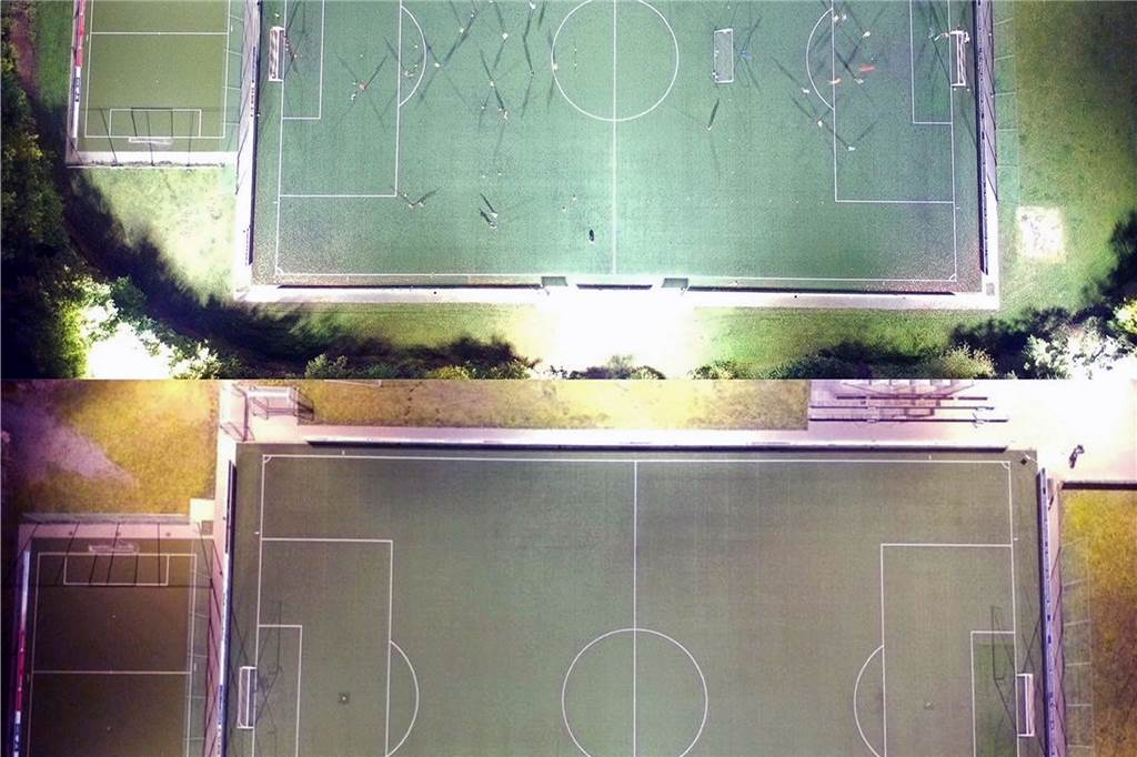 Dem Geisecker SV geht ein Licht auf - für „einen niedrigen fünfstelligen Betrag“ Vorher, nachher: Die KS-Logistic-Sportanlage des Geisecker SV in der aktuellen Ausleuchtung und vor der Umrüstung auf LED.
