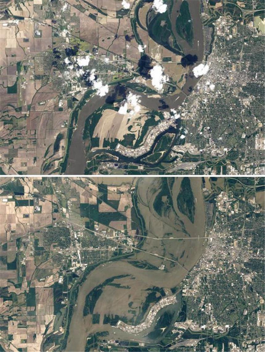 Gezielte Überflutung gegen Katastrophe im US-Süden Vorher - nachher: Satellitenaufnahmen vom 21.04.2011 (unten) und vom 10.05.2011 zeigen den Flusslauf des Mississippi.