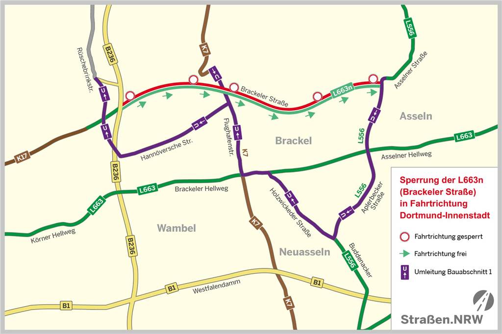 Risse und Schlaglöcher: Brackeler Straße wird ab Donnerstag gesperrt Während der ersten drei Sommerferien-Wochen ist die Brackeler Straße in Fahrtrichtung Innenstadt gesperrt. Die Umleitung verläuft über die Aplerbecker Straße, die Holzwickeder Straße, die Flughafenstraße und die Hannöversche Straße