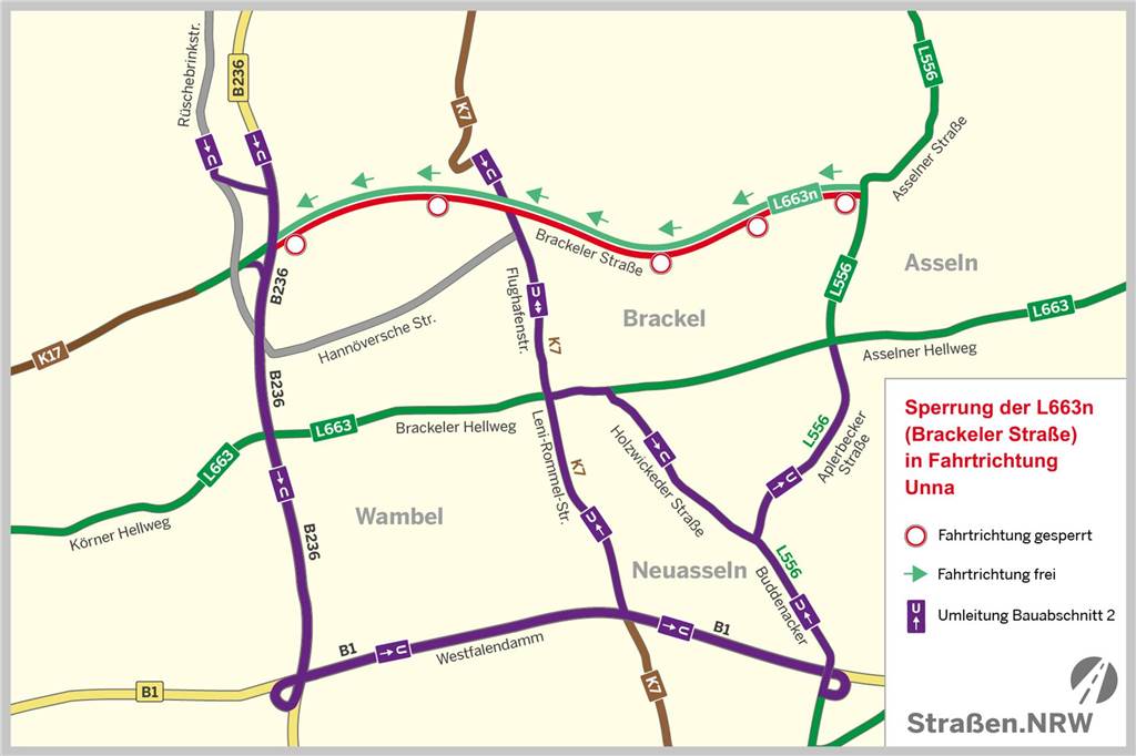 Risse und Schlaglöcher: Brackeler Straße wird ab Donnerstag gesperrt Während der zweiten Sommerferien-Hälfte ist die Brackeler Straße in Fahrrichtung Unna gesperrt. Die Umleitung führt über B236, B1, Buddenacker und Aplerbecker Straße