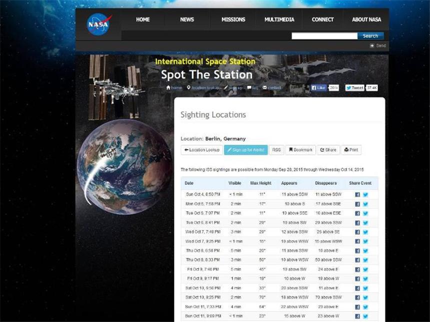 Nach oben schauen: NASA-Seite kennt Flugroute der ISS Wann kommt die ISS vorbei? Unter spotthestation.nasa.gov verrät die NASA alle Termine - hier zum Beispiel für Berlin. Screenshot: spotthestation.nasa.gov Foto: spotthestation.nasa.gov
