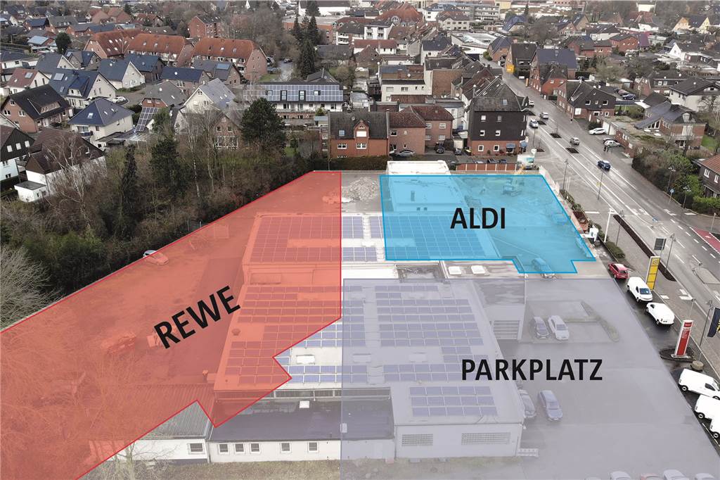 Nach Abriss von Aral-Tankstelle und Rüschkamp: An die Kreisstraße ziehen Aldi und Rewe Was auf der Fläche an der Kreisstraße entstehen soll steht bereits seit mehreren Jahren fest: Ein Vollsortimenter (Rewe) und ein Discounter (Aldi).