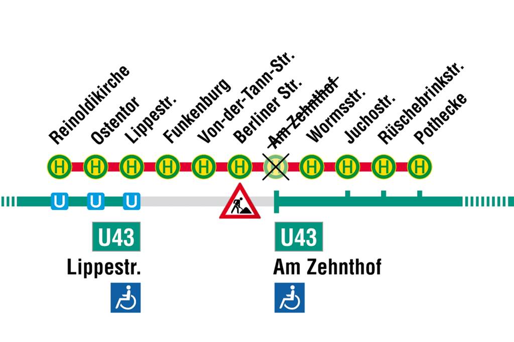 Bauarbeiten in der Innenstadt beinträchtigen ÖPNV und Straßenverkehr Wegen Bauarbeiten gibt es am ersten Aprilwochenende (2.&3.4) Einschränkungen auf der Linie der U43.