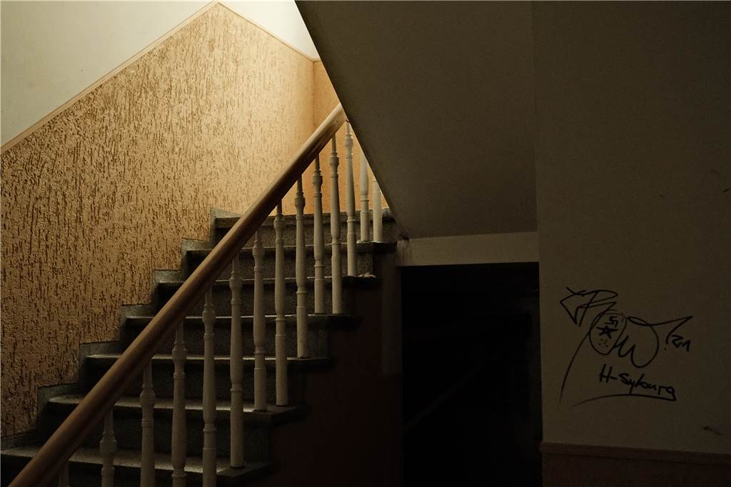 Müll, Ratten und Kälte: Wie ein Gebäude in der Nordstadt zum Problemhaus wurde Das Treppenhaus der Bornstraße 144. An einer Wand ist eine Schmiererei zu sehen.