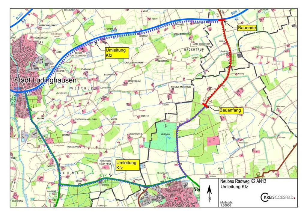 K2 zwischen Nordkirchen und Senden muss zwei Wochen voll gesperrt werden Weil die Kreisstraße 2 zwischen Nordkirchen und Senden ab Montag gesperrt wird, hat sich der Kreis Coesfeld eine Umleitung überlegt. Der Durchgangsverkehr wird über die K2, L810, L835 und B58 geführt.