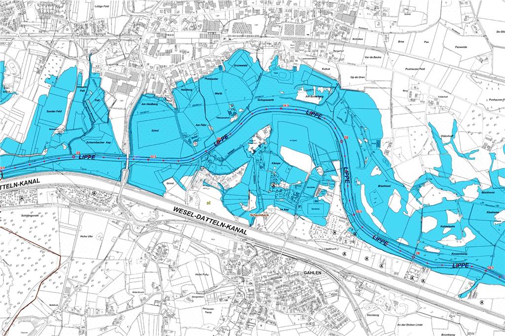Lippe-Überschwemmungsgebiet: Was Rainer Eickelschulte Hausbesitzern rät Welche Teile Schermbecks bei einem 100-jährlichen Lippehochwasser überflutet würden, zeigt die Karte der Bezirksregierung, die mit digitalen Geländemodellen arbeitet.