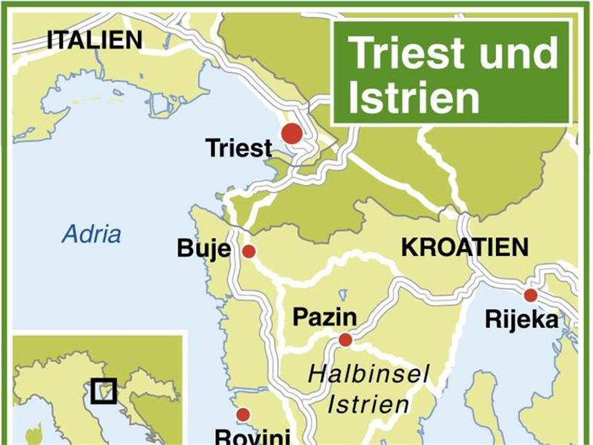 Mit Jules Vernes «Mathias Sandorf» durch Triest und Istrien Wer der Route von Triest über Buje nach Pazin und Rovinj folgt, kann Jules Vernes Romanfigur «Mathias Sandorf» nachspüren. Foto: dpa-infografik