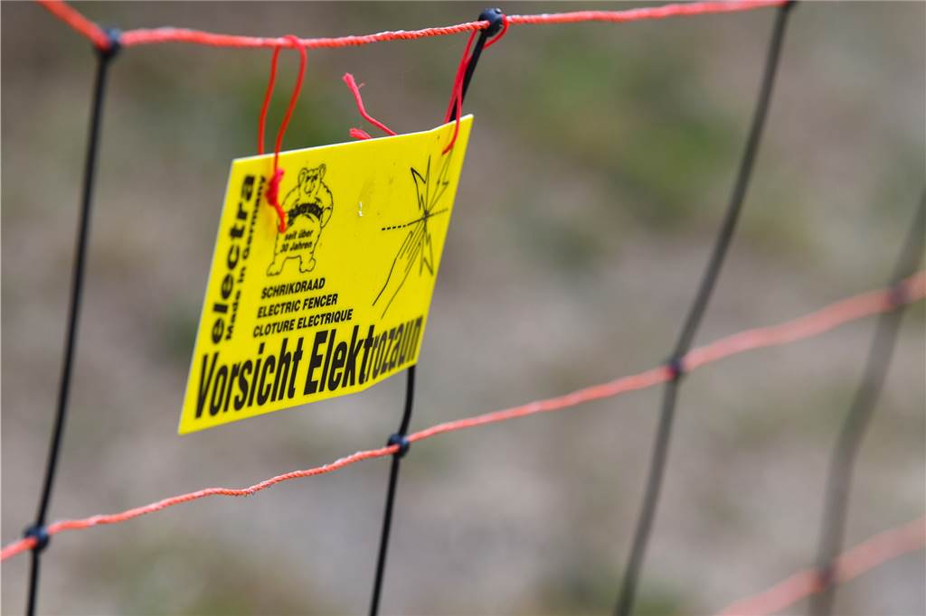 Ein Wolfsabwehrzaun soll die Schützenwiese in Dorsten-Hardt sichern Ein Schild warnt vor dem Strom am Elektrozaun.