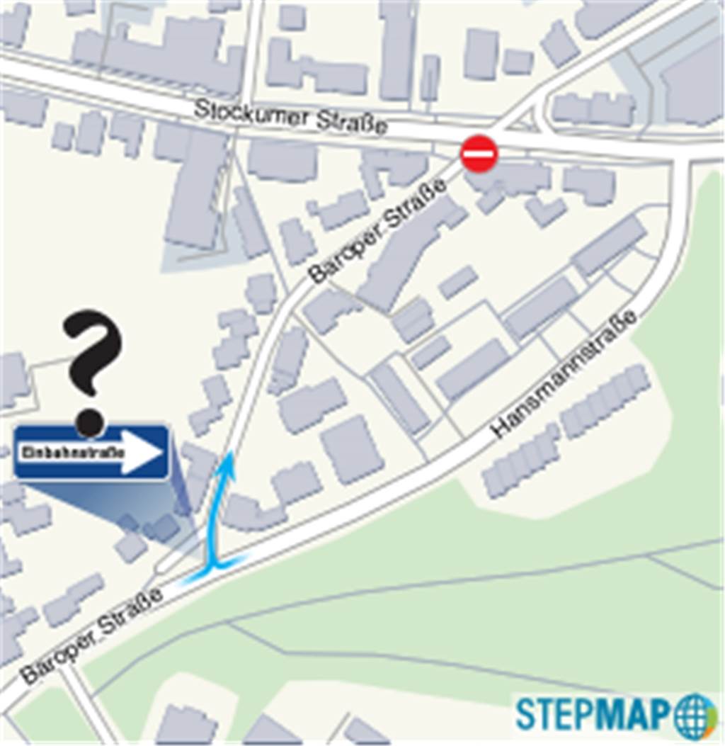 Diese Dortmunder Einbahnstraße ist in beiden Richtungen befahrbar Wie auf der Grafik sichtbar wird: An der Einmündung von der Baroper Straße fehlt ein Einbahnstraßenschild. Aus Richtung der Stockumer Straße, oben in der Grafik, gibt es aber ein Einfahrt-Verbotsschild.