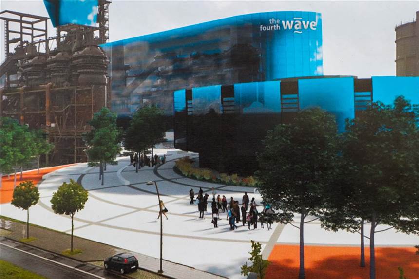Wie eine blaue Welle soll sich der von Walas geplante Neubau durch die alten Hochofen-Anlage auf Phoenix-West ziehen. In den neuen Gebäuden soll Platz sein für innovative Unternehmen und Existenzgründer.